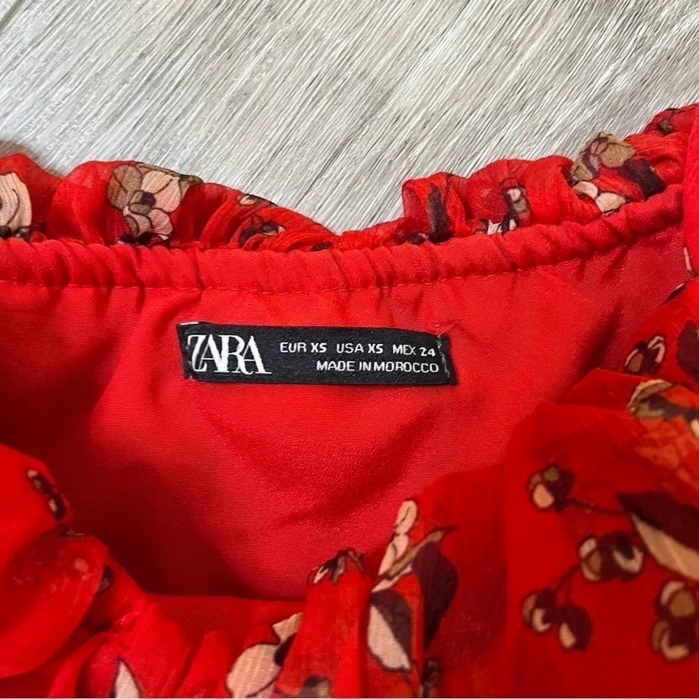 ZARA Red Floral Off The Shoulder Ruffled Tiered Chiffon Midi Dress Size XS - Picture 11 of 17